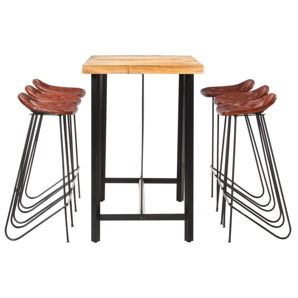 7 Piece Bar Set Solid Wood and Real Leather