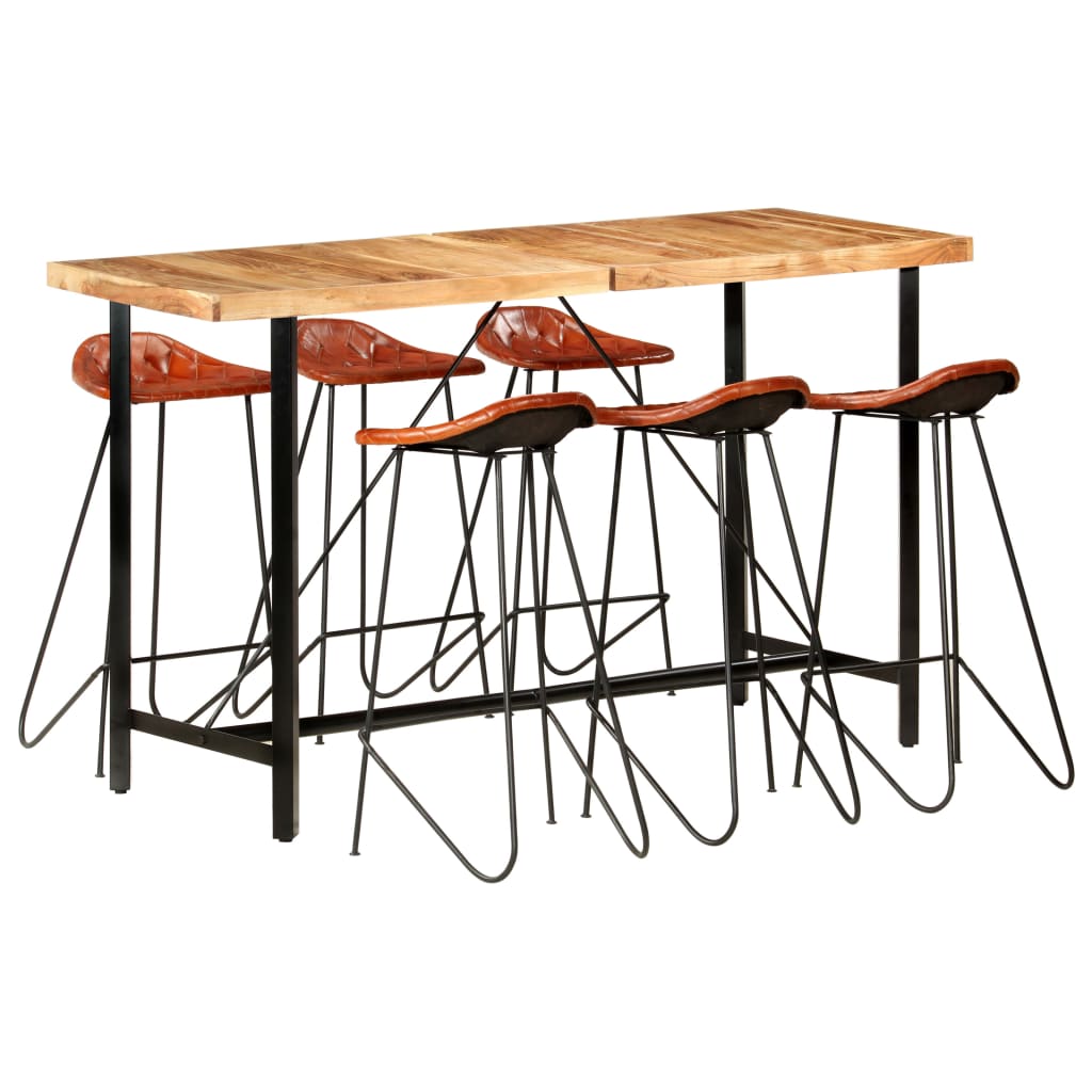 7 Piece Bar Set Solid Wood Acacia and Real Leather