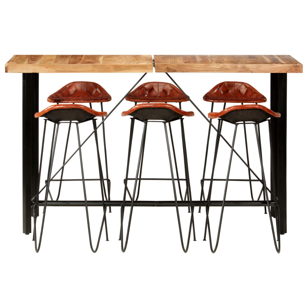 7 Piece Bar Set Solid Wood Acacia and Real Leather