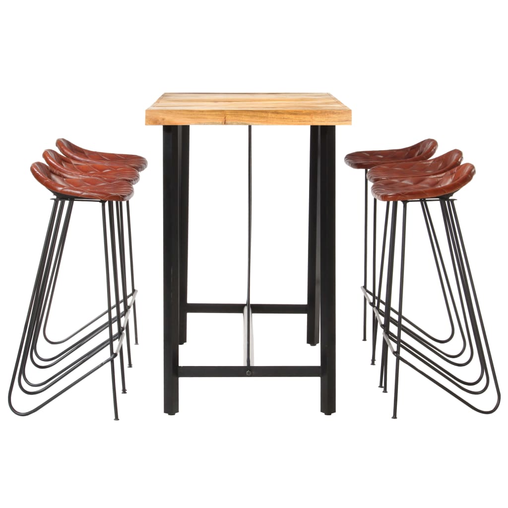 7 Piece Bar Set Solid Wood Acacia and Real Leather