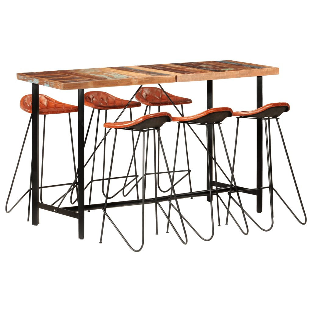 7 Piece Bar Set Solid Wood Reclaimed and Real Leather