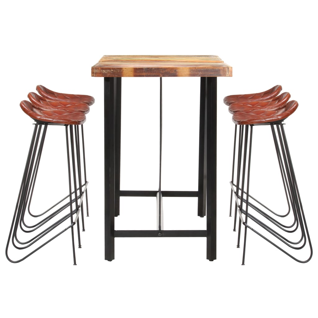 7 Piece Bar Set Solid Wood Reclaimed and Real Leather