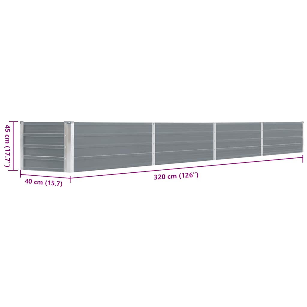 Garden Raised Bed Galvanised Steel 320x40x45 cm Grey