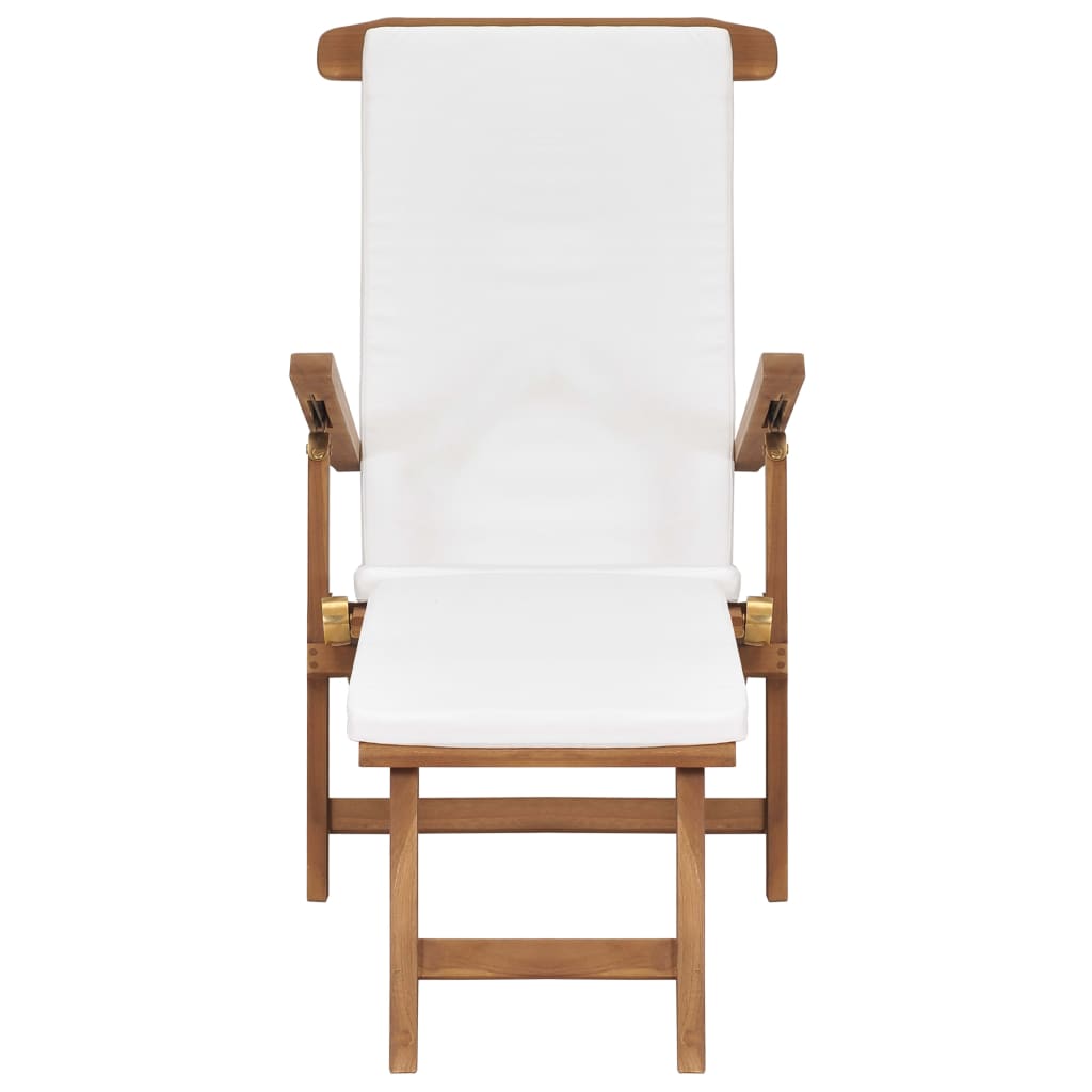 Deck Chair with Cushion Cream White Solid Teak Wood