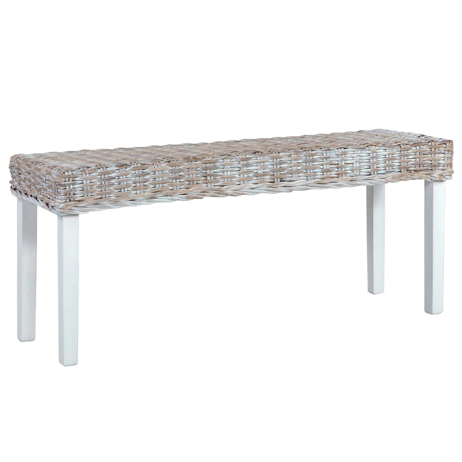Bench 110 cm White Natural Kubu Rattan and Solid Mahogany Wood