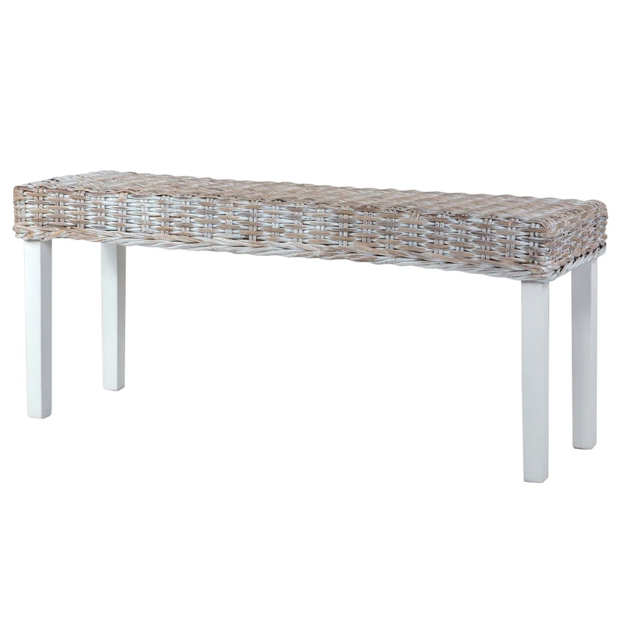 Bench 110 cm White Natural Kubu Rattan and Solid Mahogany Wood