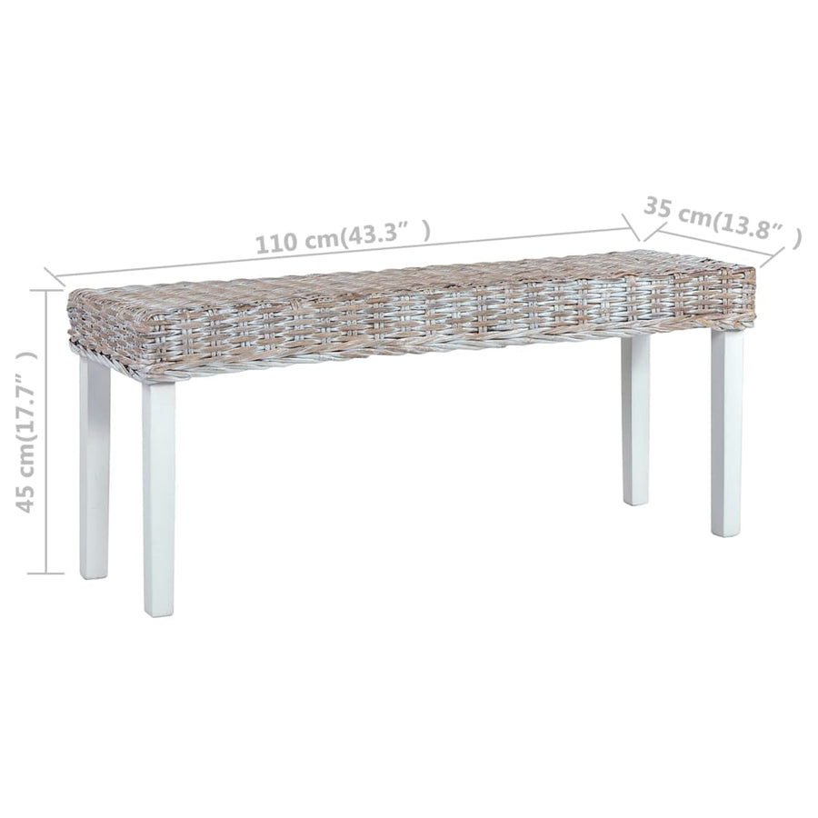 Bench 110 cm White Natural Kubu Rattan and Solid Mahogany Wood