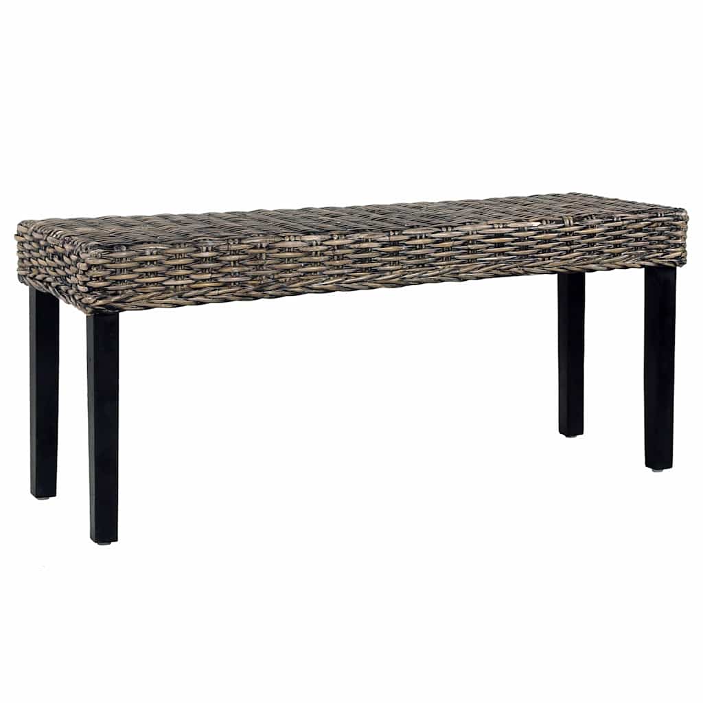Bench 110 cm Black Natural Kubu Rattan and Solid Mahogany Wood