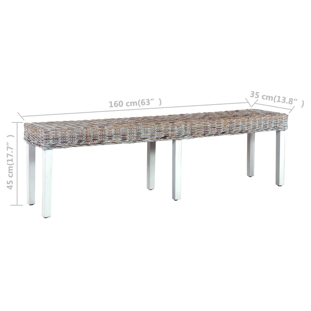 Bench 160 cm White Natural Kubu Rattan and Solid Mango Wood