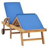 Sun Lounger with Cushion Solid Teak Wood Blue - Front View