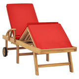 Sun Lounger with Cushion Solid Teak Wood Red - Front View