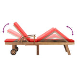 Sun Lounger with Cushion Solid Teak Wood Red - Rear View