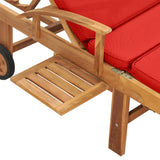 Sun Lounger with Cushion Solid Teak Wood Red - Close-Up Angle
