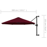 Wall-Mounted Garden Parasol with Metal Pole 300 cm Burgundy - Low Angle