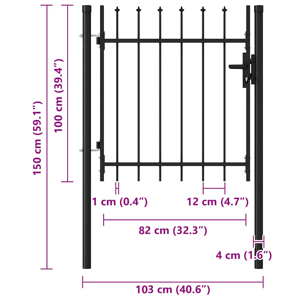 Fence Gate BOXTEL Single Door with Spike Top Steel 1x1 m Black