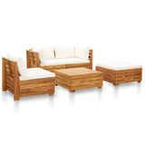 5 Piece Garden Lounge Set with Cushions Acacia Wood Cream White - Front View
