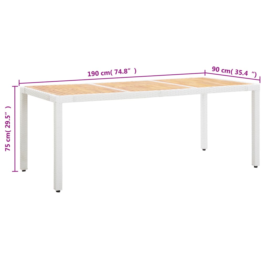 Garden Table White 190x90x75 cm Poly Rattan and Solid Acacia Wood