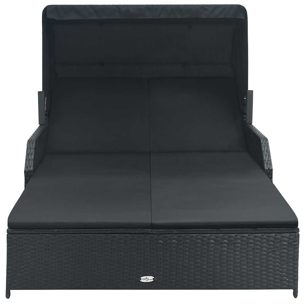 2-Person Sun Lounger with Canopy Poly Rattan Black