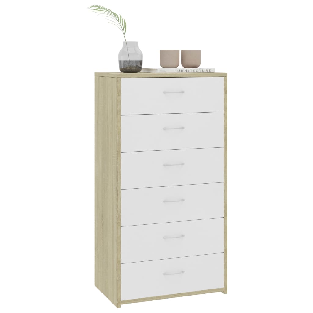 Sideboard with 6 Drawers White and Sonoma Oak 50x34x96 cm Engineered Wood