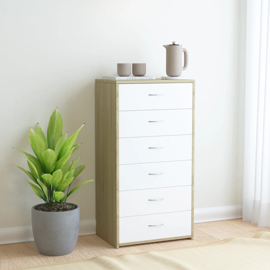 Sideboard with 6 Drawers White and Sonoma Oak 50x34x96 cm Engineered Wood