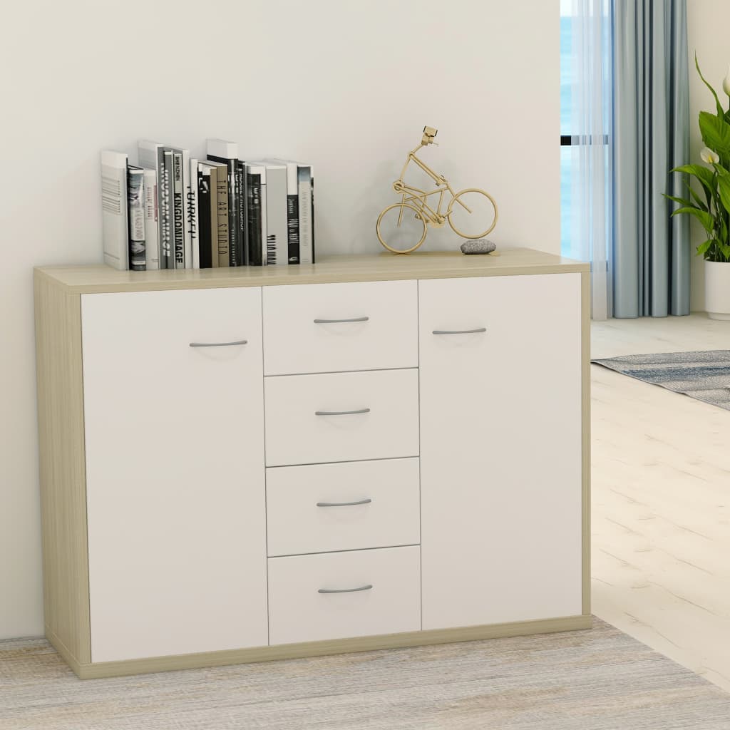 Sideboard White and Sonoma Oak 88x30x65 cm Engineered Wood