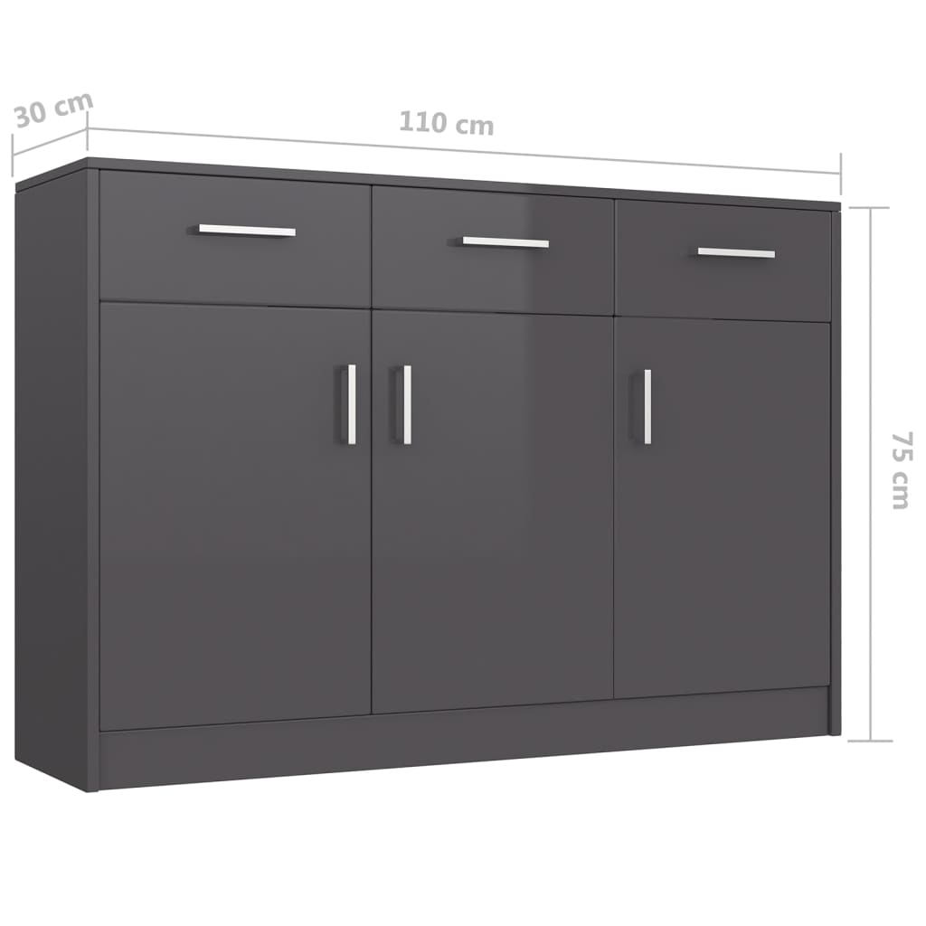 Sideboard High Gloss Grey 110x30x75 cm Engineered Wood