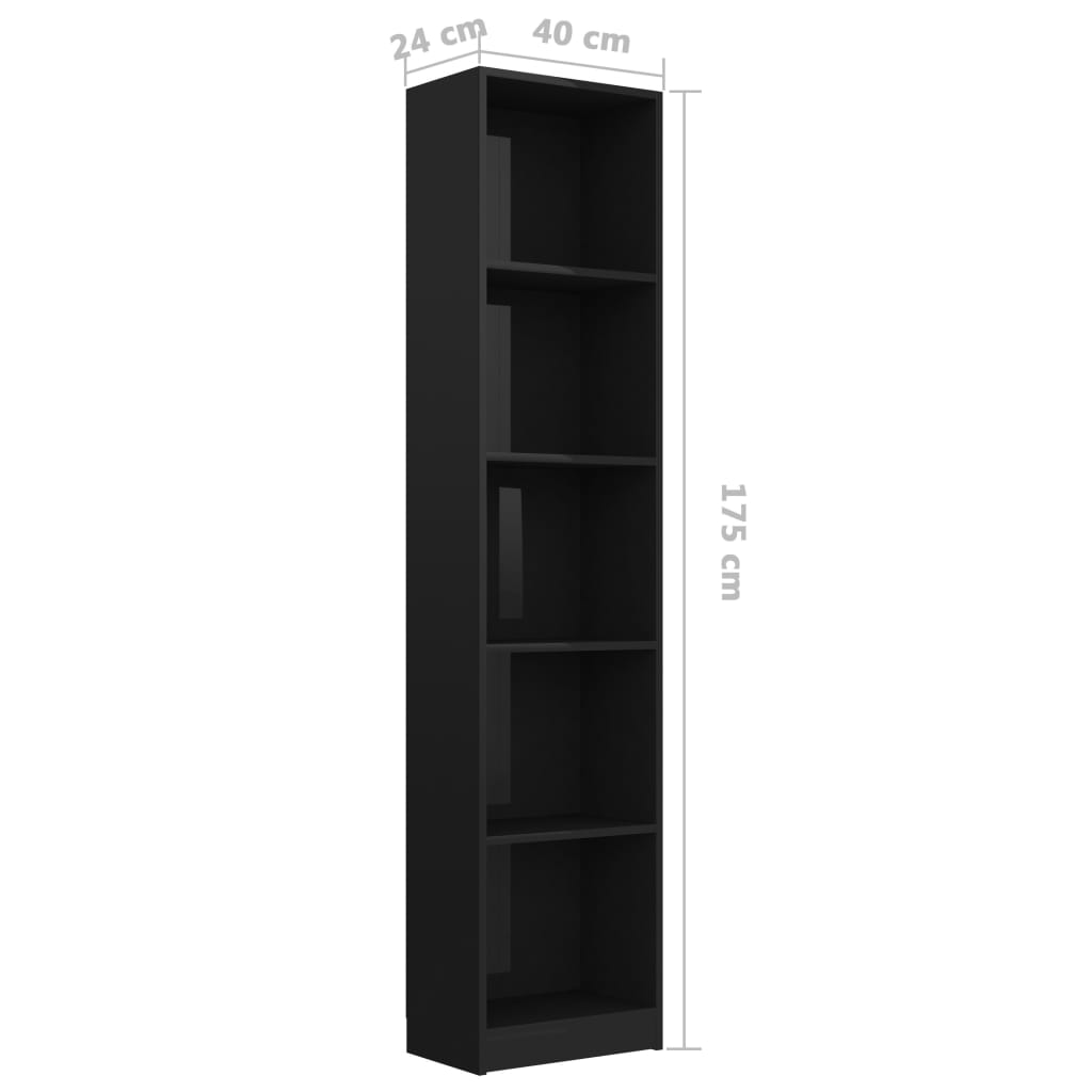 5-Tier Book Cabinet High Gloss Black 40x24x175 cm Engineered Wood