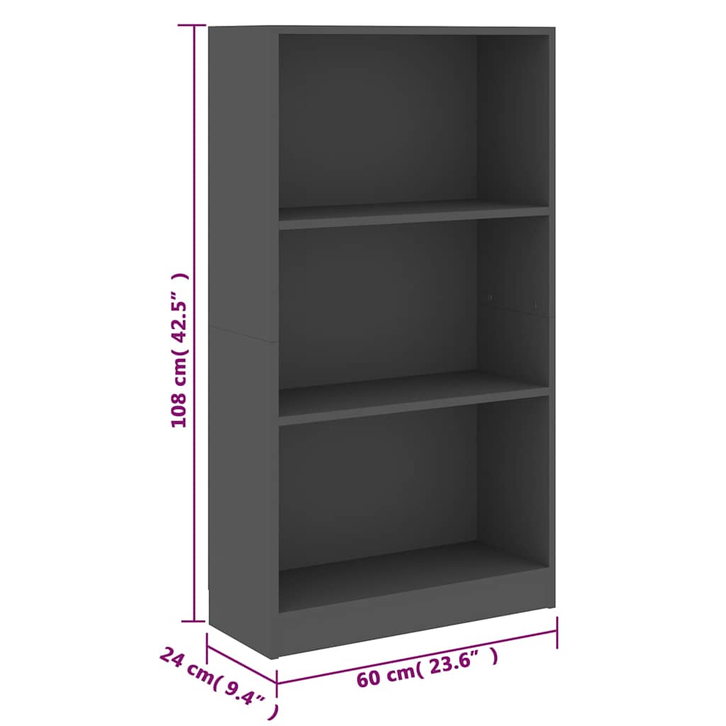 3-Tier Book Cabinet Grey 60x24x109 cm Engineered Wood