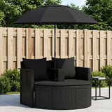 Garden Bed with Parasol Poly Rattan Black