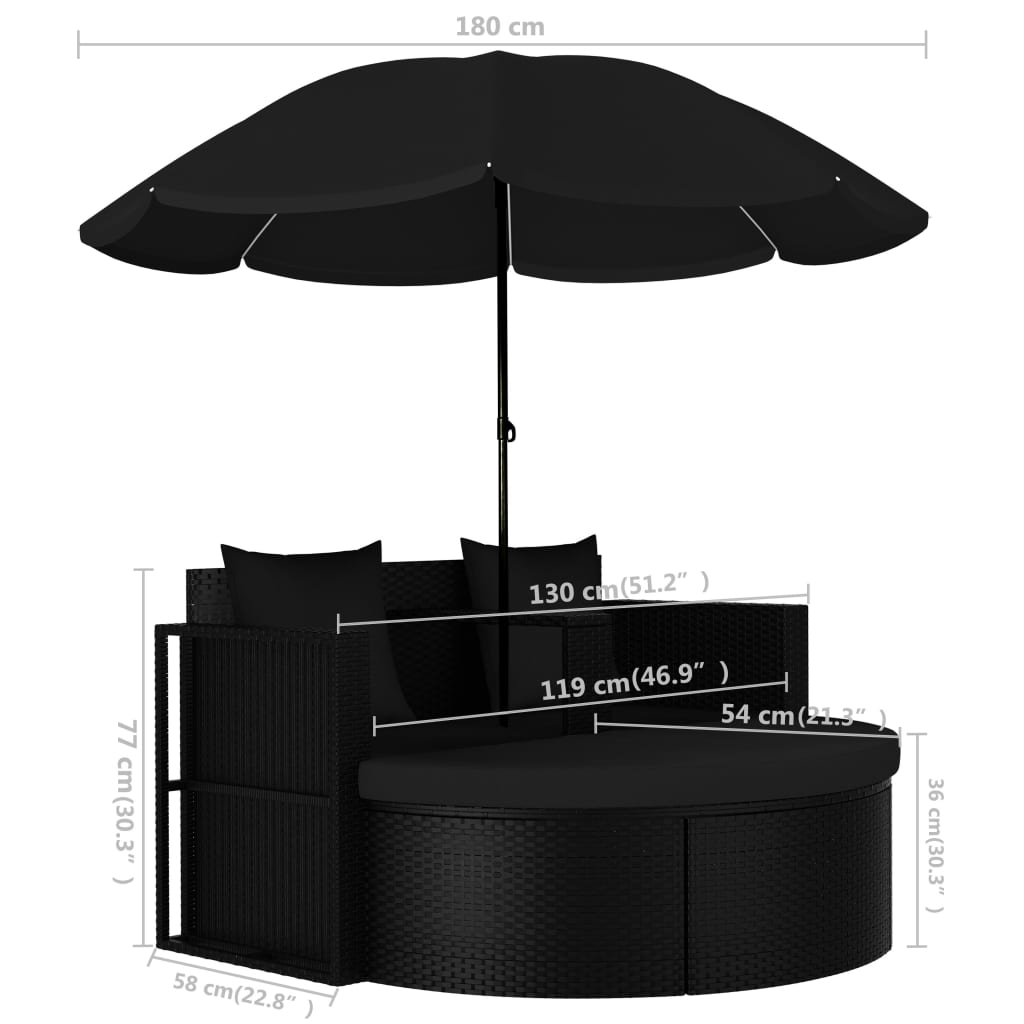 Garden Bed with Parasol Poly Rattan Black