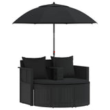 Garden Bed with Parasol Poly Rattan Black - Front View