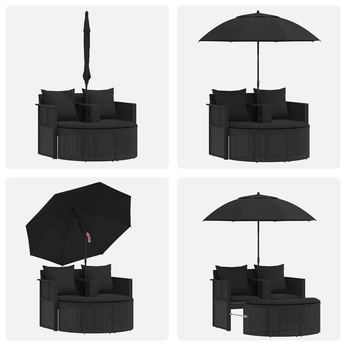 Garden Bed with Parasol Poly Rattan Black
