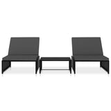 Reclining Garden Chairs 2 pcs with Table Black Poly Rattan - Front View