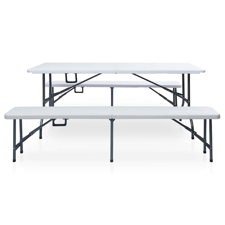 Folding Garden Table with 2 Benches 180 cm Steel and HDPE White