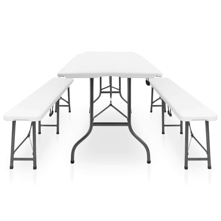 Folding Garden Table with 2 Benches 180 cm Steel and HDPE White