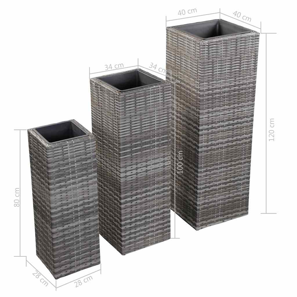 Garden Raised Beds 3 pcs Poly Rattan Grey