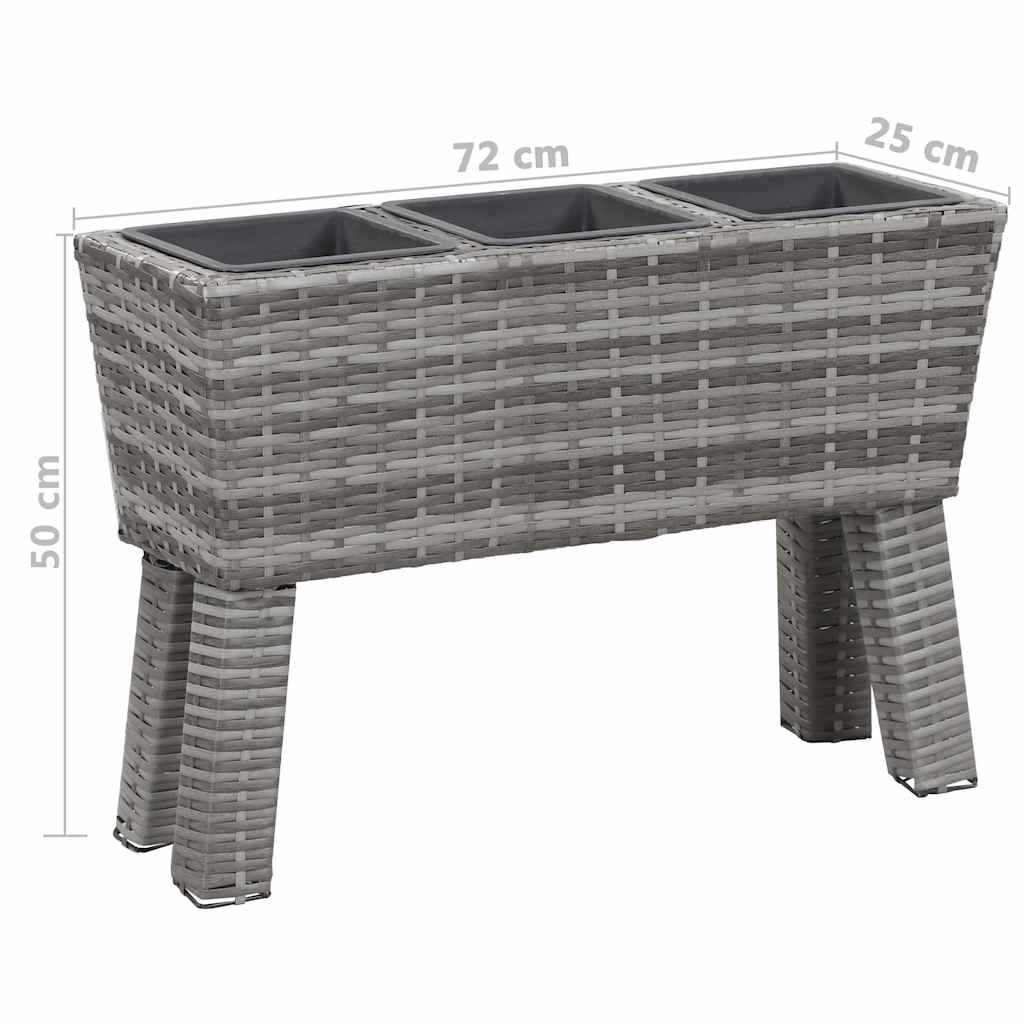 Garden Raised Bed with Legs and 3 Pots 72x25x50 cm Poly Rattan Grey