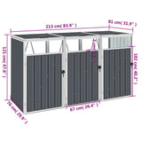 Triple Garbage Bin Shed Grey 213x81x121 cm Steel - 45-Degree Angle