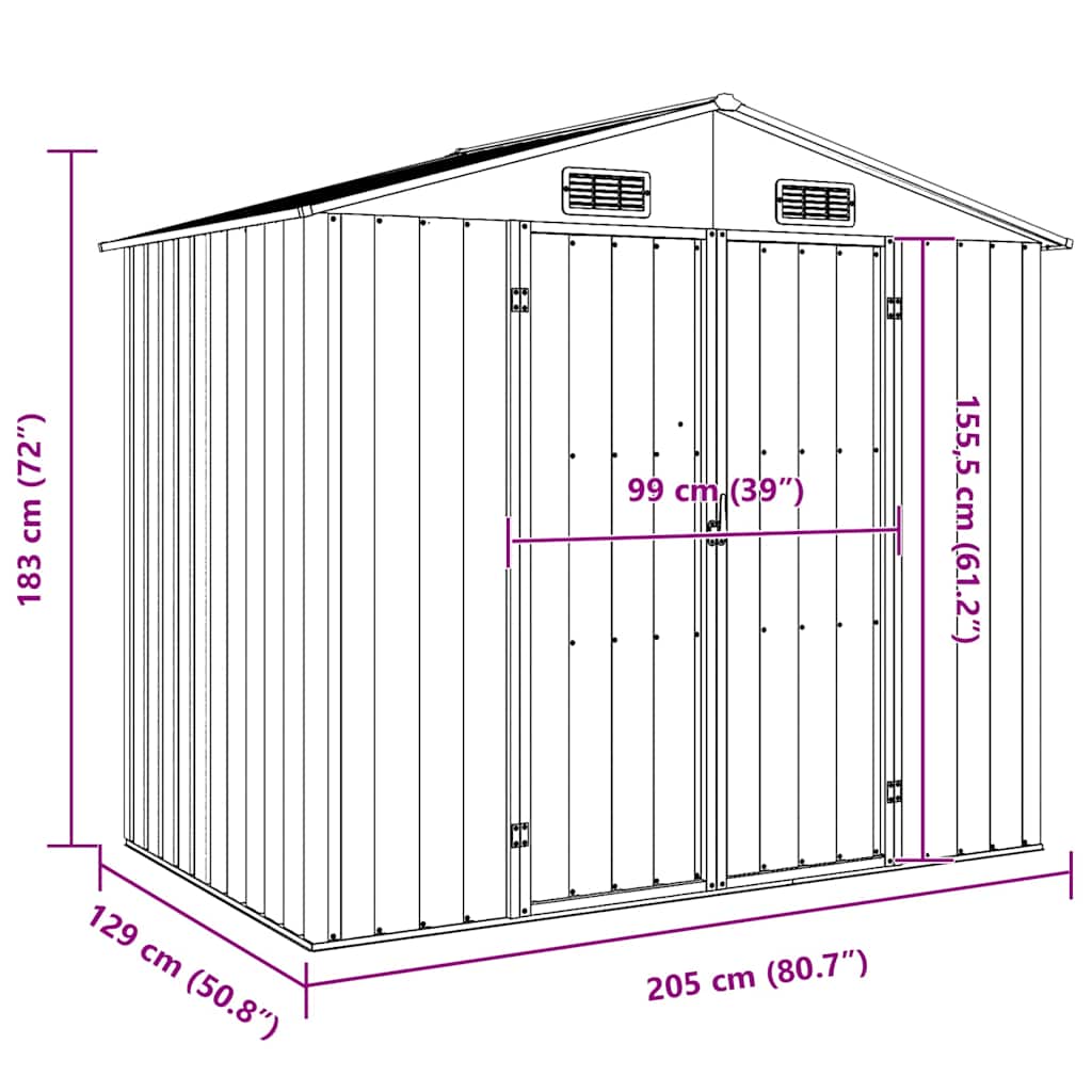 Garden Shed Grey 205x129x183 cm Galvanised Steel