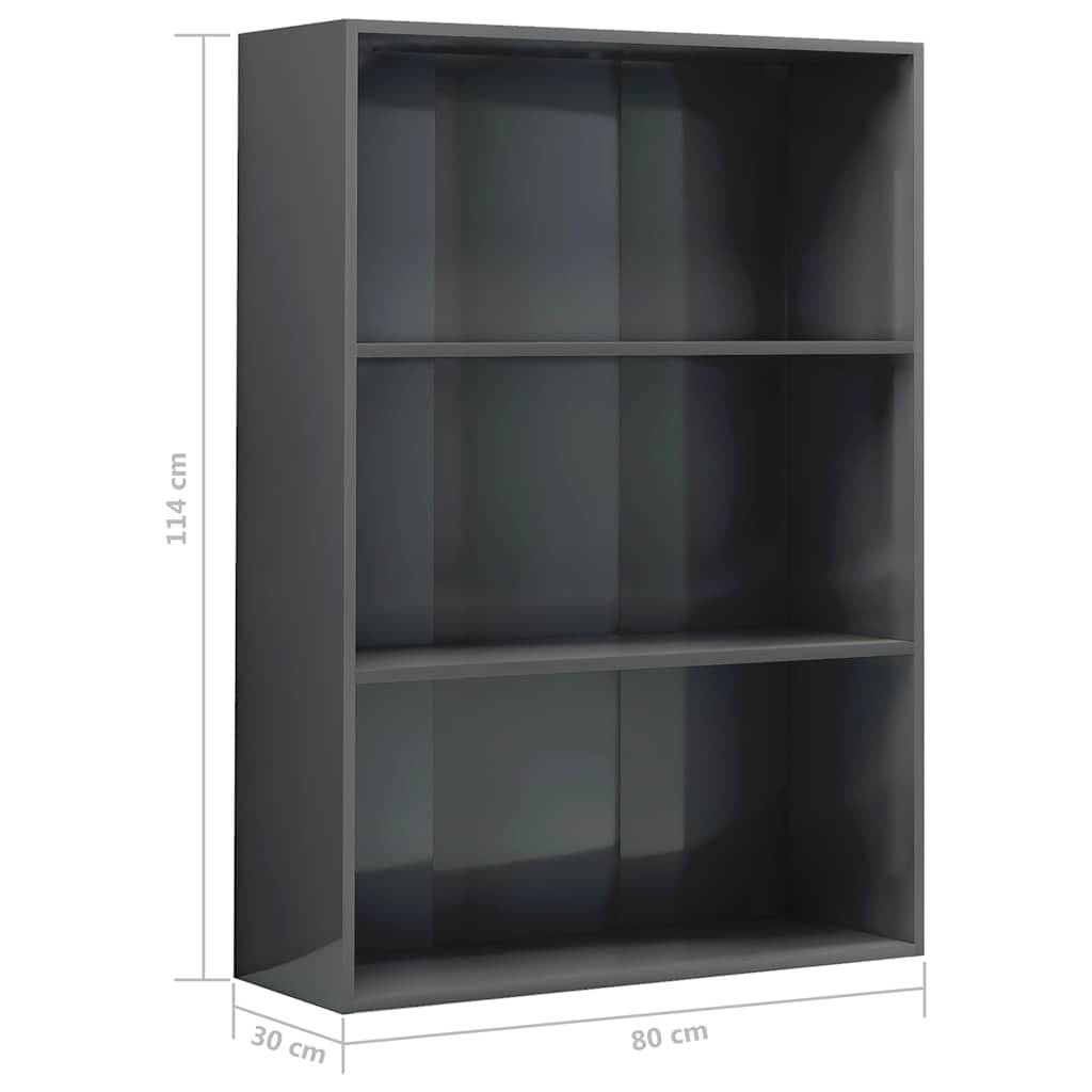 3-Tier Book Cabinet High Gloss Grey 80x30x114 cm Engineered Wood
