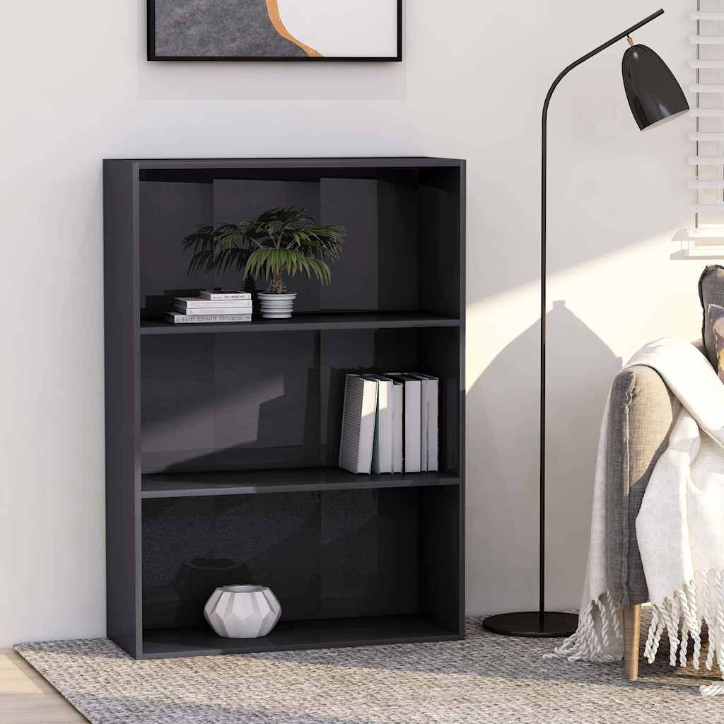 3-Tier Book Cabinet High Gloss Grey 80x30x114 cm Engineered Wood