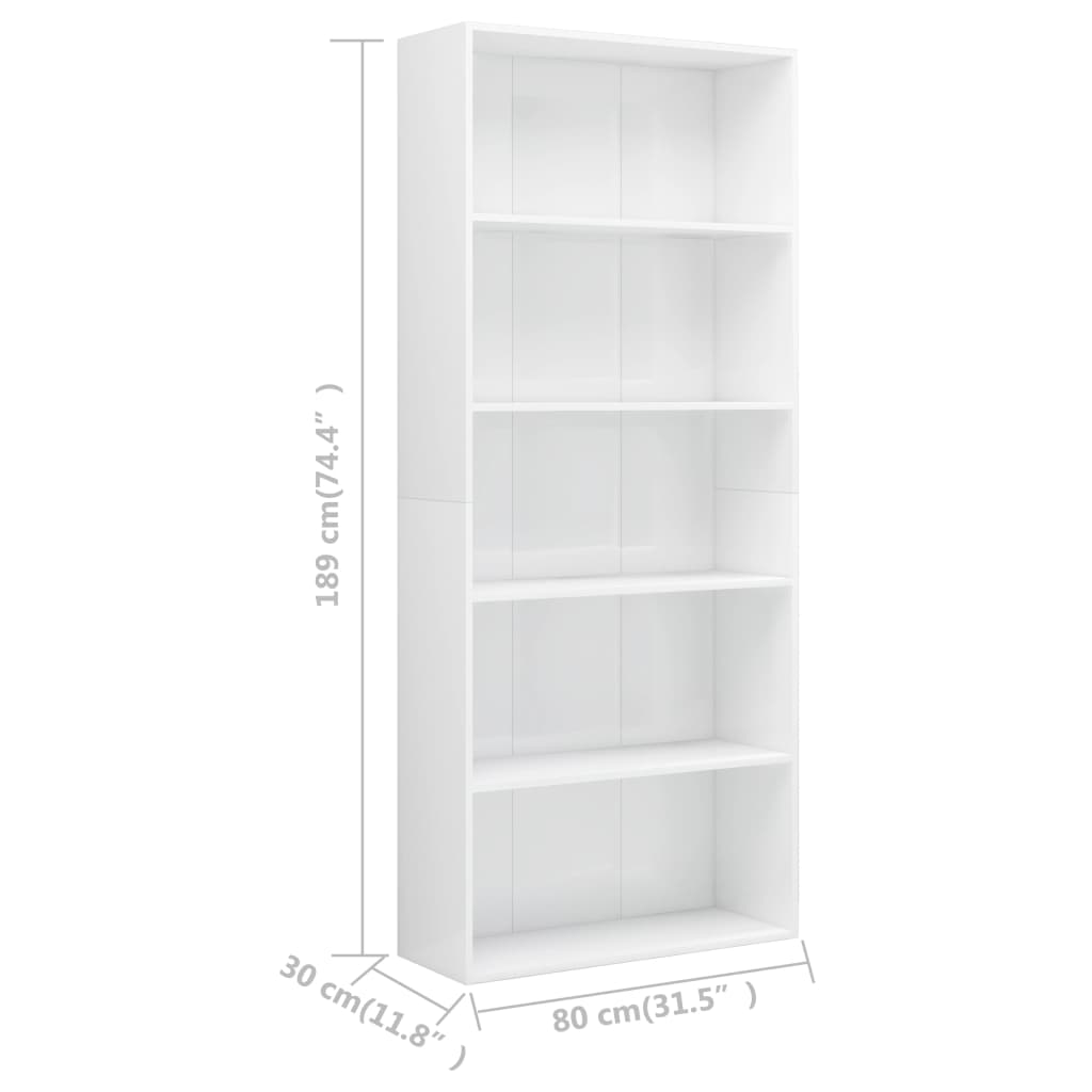 5-Tier Book Cabinet High Gloss White 80x30x189 cm Engineered Wood