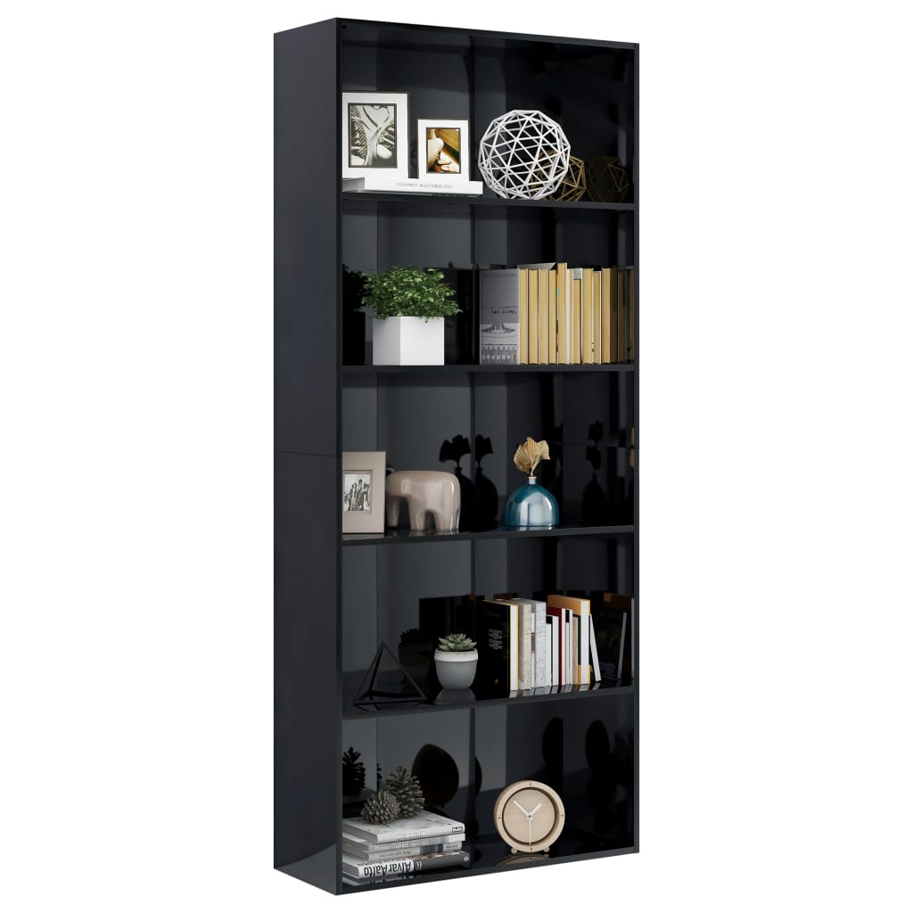 5-Tier Book Cabinet High Gloss Black 80x30x189 cm Engineered Wood