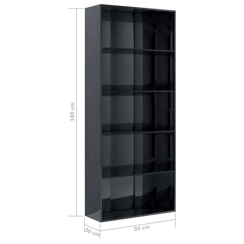 5-Tier Book Cabinet High Gloss Black 80x30x189 cm Engineered Wood