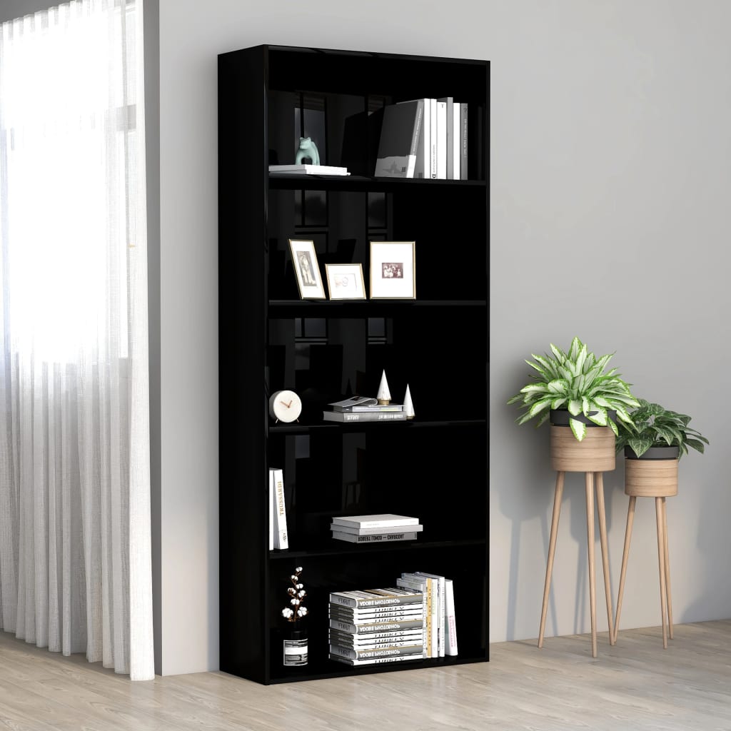 5-Tier Book Cabinet High Gloss Black 80x30x189 cm Engineered Wood