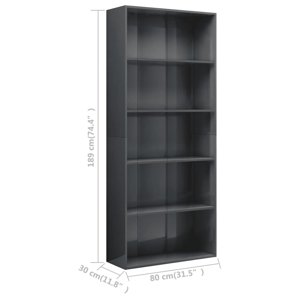 5-Tier Book Cabinet High Gloss Grey 80x30x189 cm Engineered Wood