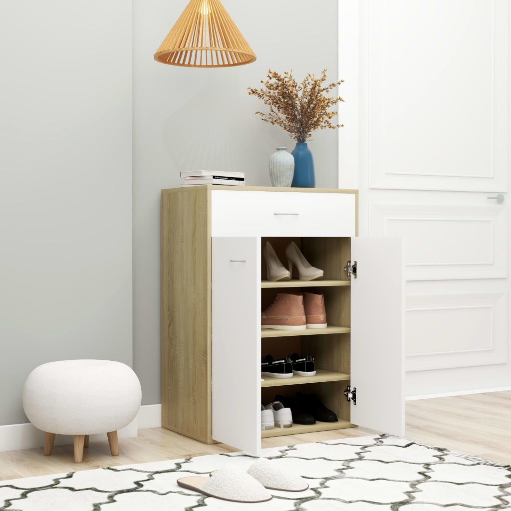 Shoe Cabinet White and Sonoma Oak 60x35x84 cm Engineered Wood