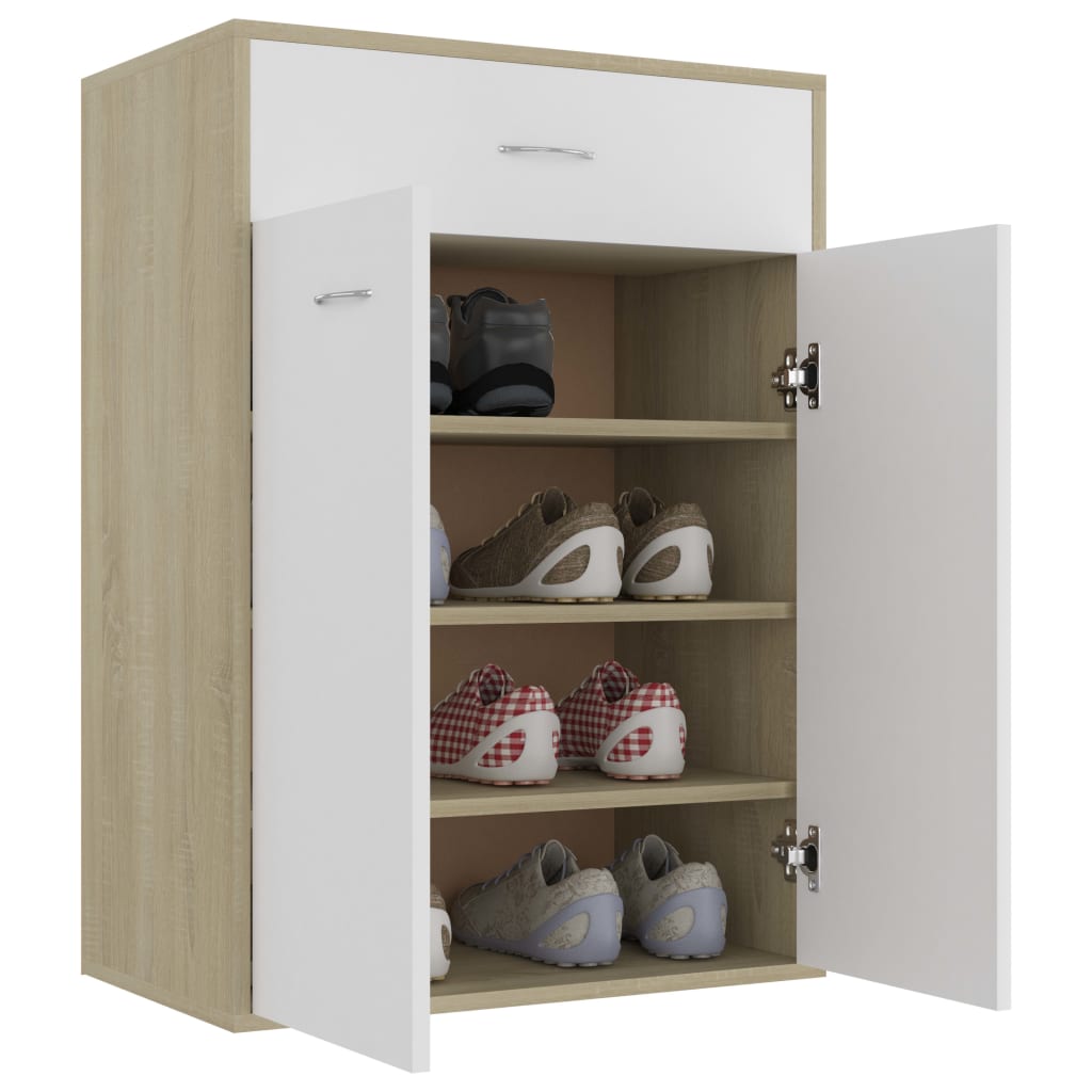 Shoe Cabinet White and Sonoma Oak 60x35x84 cm Engineered Wood