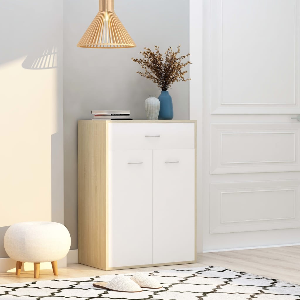 Shoe Cabinet White and Sonoma Oak 60x35x84 cm Engineered Wood