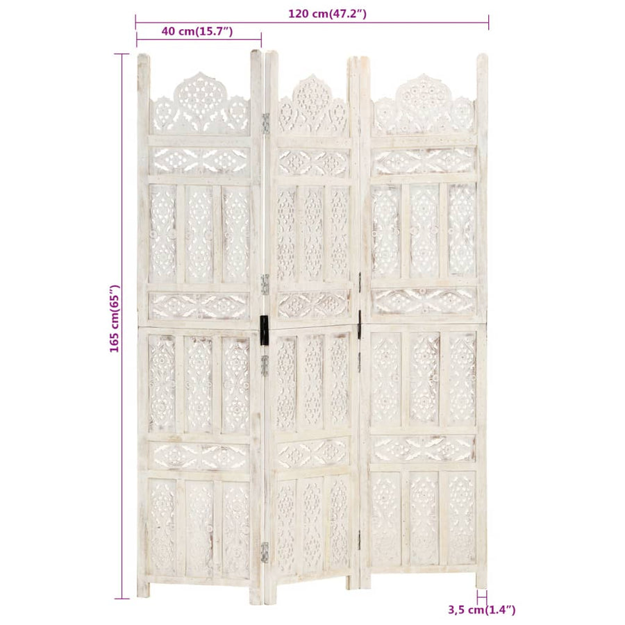 Hand carved 3-Panel Room Divider White 120x165 cm Solid Mango Wood